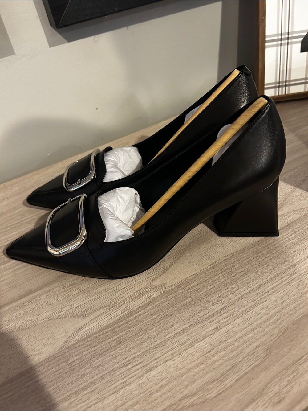 Jeffrey Campbell Emphasis Black Pointed Block Heel Pumps with Silver accent